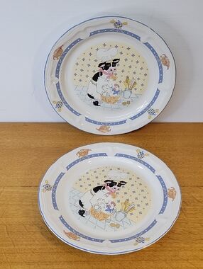 Newcor Cow Chef Decorative Stoneware Dinner Plates - Cream, Blue, Black